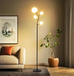 Fiqevs 4 Globe Floor Lamp with 2700K Warm Light LED Bulbs Included, Mid Century Modern Tree Standing Lamp with Frosted Glass Shade, Arc Torch Tall Lamp for Living Room, Bedroom, Office, Matt Black