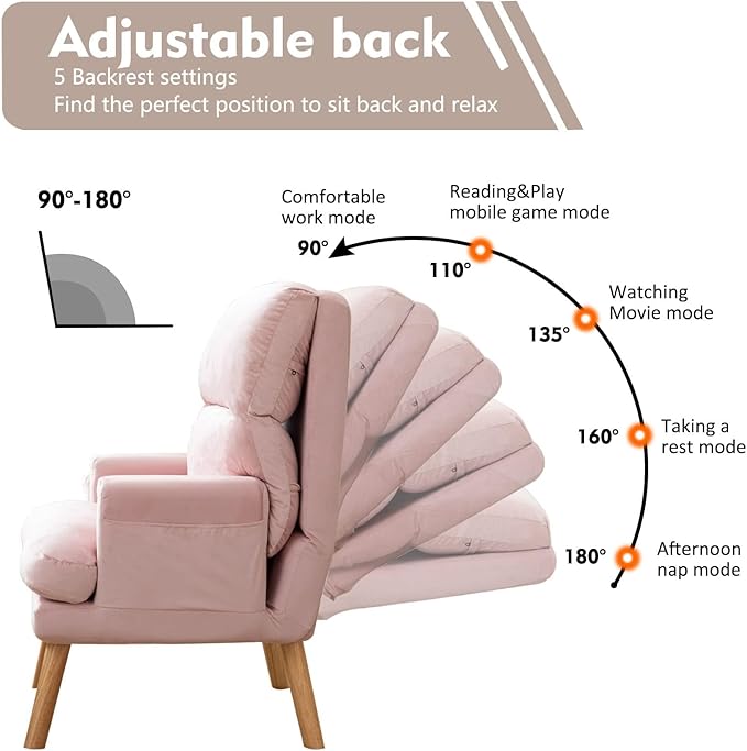 CANMOV Modern Accent Chair with Ottoman Set of 2, Soft Fabric Armchair with Adjustable Backrest and Side Pockets, Comfy Lounge Chair for Living Room, Bedroom, Apartment, Office, Pink