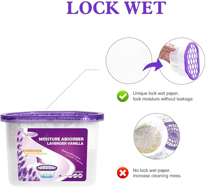 CANAGER Lavender Vanilla Moisture Absorber Box,Odor Eliminator and Dehumidifier Boxes for Closet,Bedroom,Kitchen,Bathroom-6 Packs,Cups - Traps Moisture for Fresher, Cleaner Air Purple
