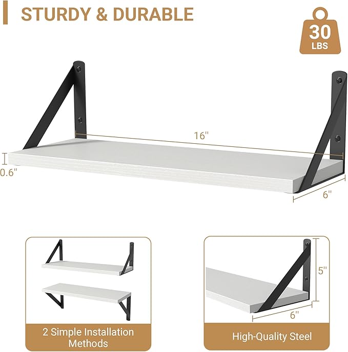 Heimlove Floating Shelves for Wall, 16 Inch Long Wood Floating Shelves Set of 3, Wall Mounted Hanging Shelf for Bathroom Bedroom Kitchen, White