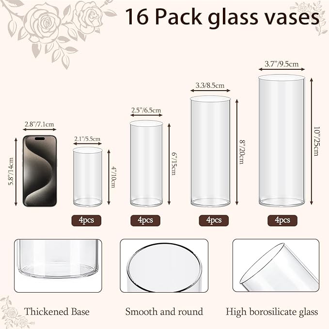 16 Pack Glass Cylinder Vases 4, 6, 8, 10 Inch Tall Clear Flower Vases for Table Centerpieces Wedding Decoration, Hurricane Floating Candle Holder for Party Home Decor