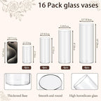 16 Pack Glass Cylinder Vases 4, 6, 8, 10 Inch Tall Clear Flower Vases for Table Centerpieces Wedding Decoration, Hurricane Floating Candle Holder for Party Home Decor