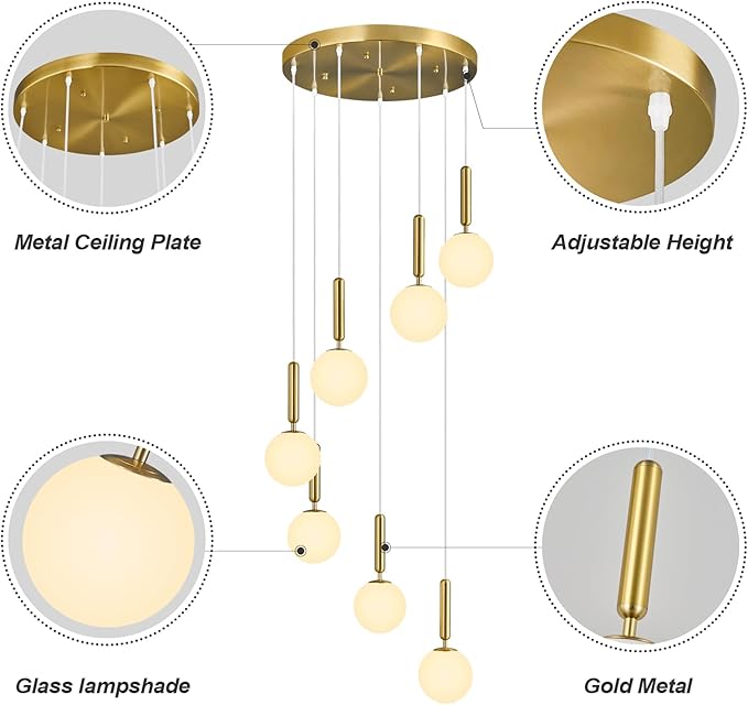 Modern Gold Pendant Light Hanging Fixture Light for Kitchen Island Mid Century with Globe Pendant Light Milk White Glass Pendant Lighting for Living Room Bedroom Entryway (5 Lights)