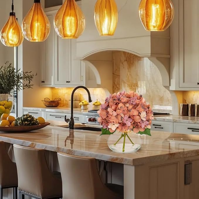 Hollyone Fall Hydrangea Artificial Flowers for Decoration with Glass Vase Dark Peach Autumn Silk Fake Flower Arrangements with Faux Water Table Centerpiece Vase with Flowers Fall Decorations for Home