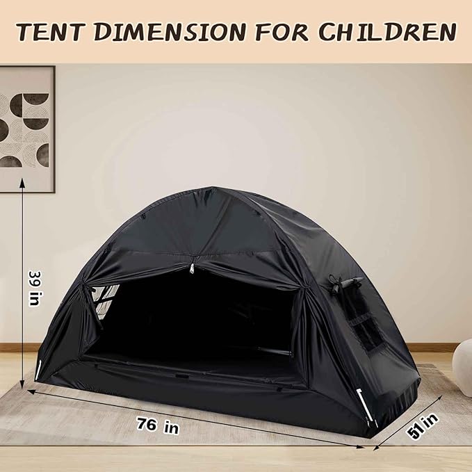 Bed Tent for Kid Twin Size Bed Canopy,Sensory Breathable Privacy Space Sleeping Drafty Room Dream Tents Indoor Play Tent Black-Out Kid Sleep Tent（Black,Full）
