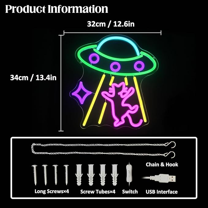 CKTBLEY UFO Cat Neon Sign Fun Alien Neon Light Spacecraft LED Sign Adorable Pink Cat Wall Lights for Bedroom Game Room Man Cave Bar Party Decoration Gifts for Kids Wall Art