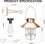 pearlstar Solar Lanterns Outdoor Metal Solar Powered Hanging Lights Waterproof for Barn Wall Yard Garden Patio Garage Balcony Porch Fence Decor, Warm White Edison Bulb (Copper-2pack)