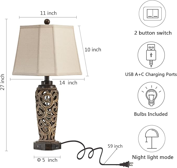 27" Set of 2 Farmhouse Table Lamps for Living Room with USB A+C Ports, Vintage Nightstand Bedroom Lamp and Nightlight, Hollow Out Resin Desk Lamps, 2 Bulbs Include