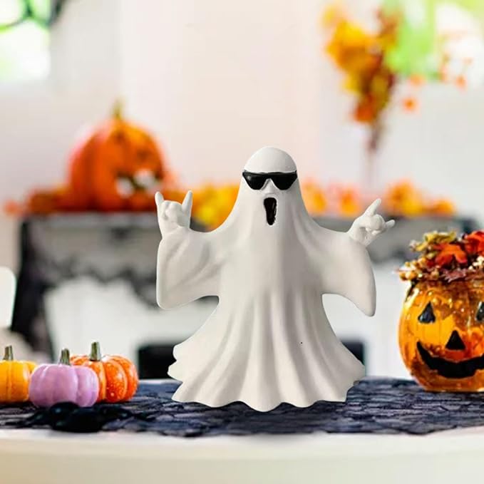 1 Pcs Halloween Ghost Figurine Cute Ghost Decor,with Sunglasses Design Funny Rock Spooky Resin Statue Cool Gestures Cute Sculpture for Halloween Tabletop Porch Party Decoration