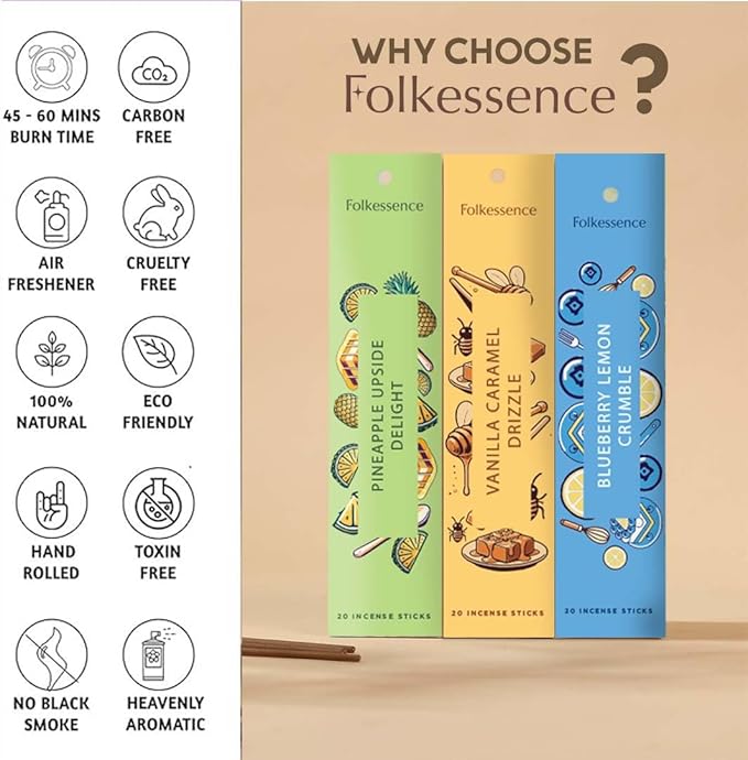 Folkulture Incense Sticks with Holder for Gift | Set of 6 (120) Non Toxic Fall Incense Sticks with 45 Mins Burn Time | Bakery Themed Organic Fall Scents- Vanilla Caramel, Strawberry, Cinnamon Insense