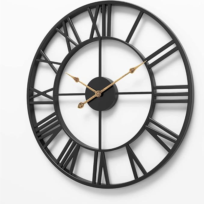 Large Industrial Wall Clock with Roman Numerals, Indoor Silent Non-Ticking Retro Clock, Vintage Metal Decorative Black Metal Art Clock Battery Operated for Home Kitchen Cafe Hotel Office Decor,1