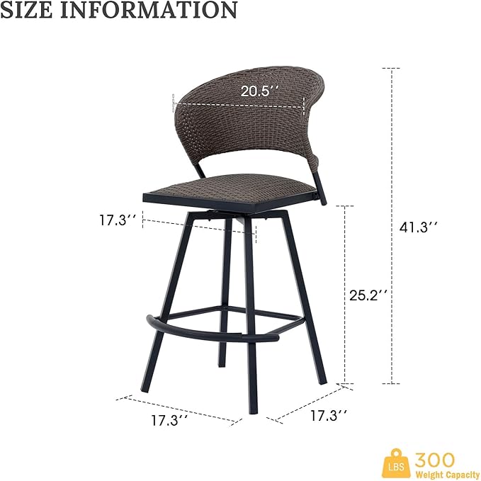 VICLLAX Patio Bar Stool Chairs with Footrests and Padded Seat, Bar Height Swivel Patio Chairs Set of 6, Brown Woven Wicker Swivel Bar Stools for Lawn Garden