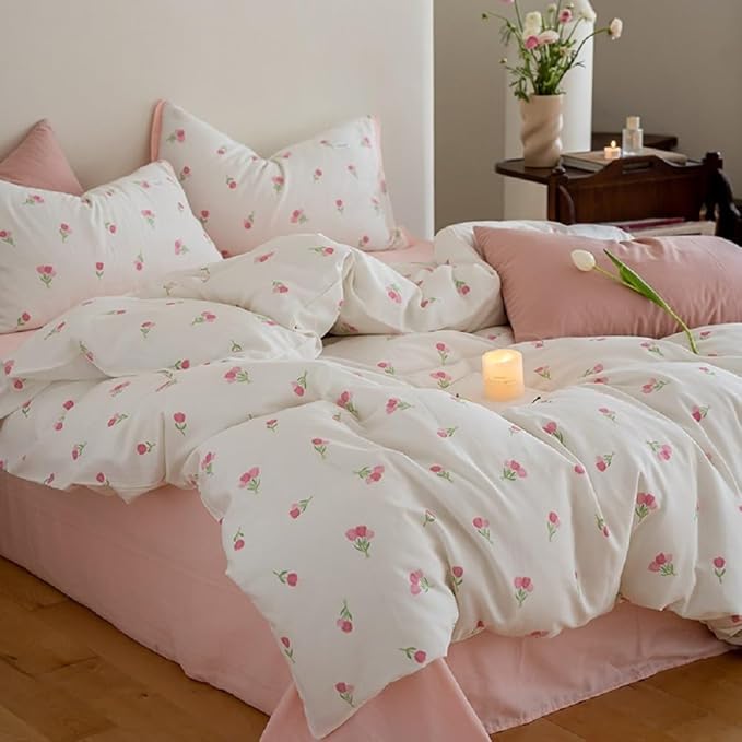 Floral Comforter Set Twin Size - 2 Pieces Pink White Floral Comforter Bedding Sets Tulips Pattern,Twin Bed in a Bag with Heart Comforter and 1 Pillowcase