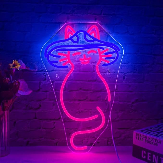 WLHOPE Mushroom Cat Neon Sign for Wall Decor Dimmable Cute LED Lights Light Up Signs for Bedroom Living Room Bar Party Christmas Birthday Art Gift