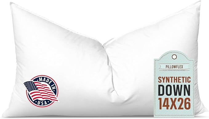 Pillowflex Synthetic Down Pillow Insert - 14x26 Down Alternative Pillow, Ultra Soft, Large Rectangle, Lumbar, Travel, Neck, Sleeping Pillow - 1 Decorative Pillow Form