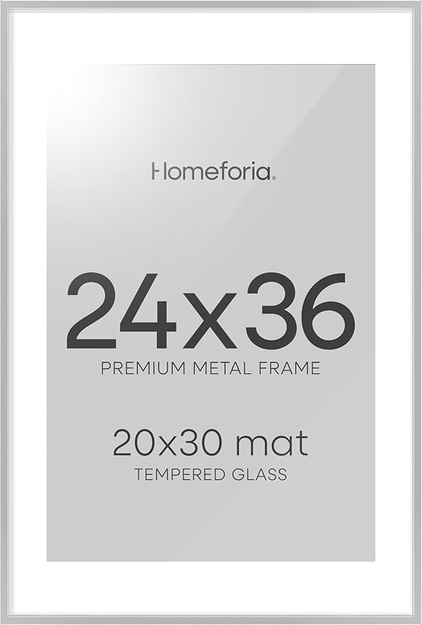 Homeforia Poster Silver Frame 24x36, High End Metal 24 x 36 Large Picture Frame with Mat 20 x 30 Photo, 24x36 Silver Frames Matted to 20x30 Print, 36x24 Thin Frames, Tempered Glass, Wall Kit, Set of 1