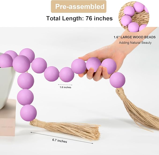 OMISHE 76" Long Large Wood Bead Garland with 1.6" Diameter Wooden Beads and Tassels, Rustic Farmhouse Country Wood Beads Garland for Home Tiered Tray Decor, Decorative Beads with Tassels Purple