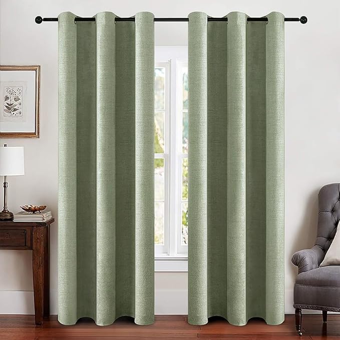 MIULEE Linen Blackout Curtains and Drapes 100% Room Darken Thermal Insulated Grommet Window Panels with Coating 2 PCs W 42 x L 90 inches Sage Green