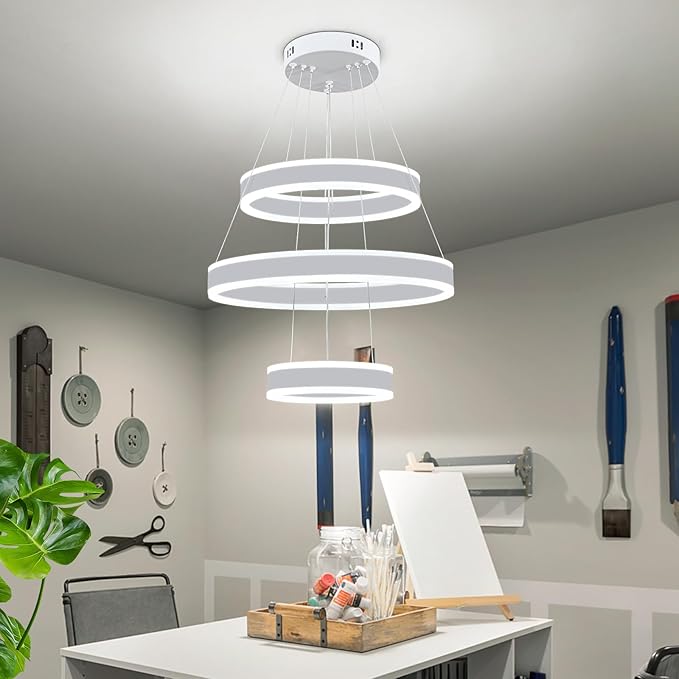 O'NEELDY Modern LED Chandeliers Adjustable Hanging White Pendant Light Fixture 3 Ring Flush Mount Chandeliers for Bedroom,Kitchen,Island Cafe
