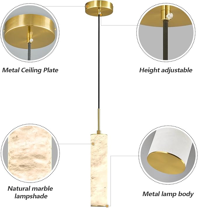 LMQNINE Natural Alabaster Pendant Lights for Kitchen Island White Marble Long Tube Chandelier Modern Gold Ceiling Light Fixtures for Bedroom Dining Room Table Living Room Hallway(S-2Pack)