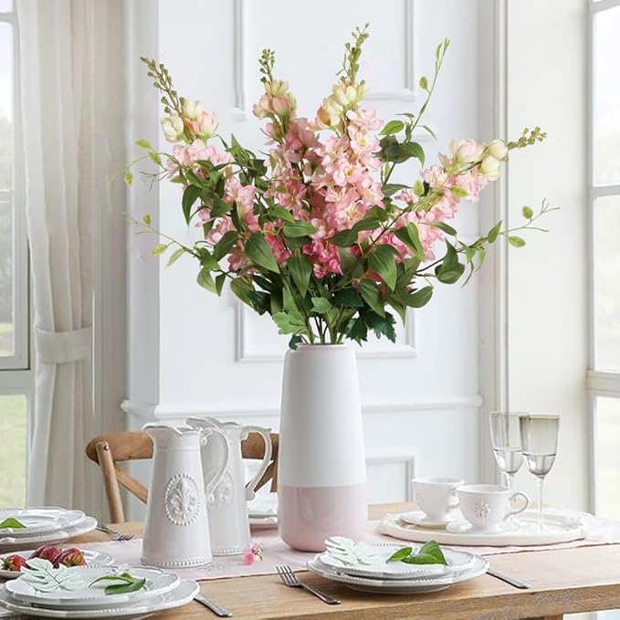 Pink Silk Delphinium Flowers Combo Clematis Greenery 8pcs Long Stem Pink Fake Larkspur Flowers Floral Arrangements for Tall Vase Table Party Home Decor