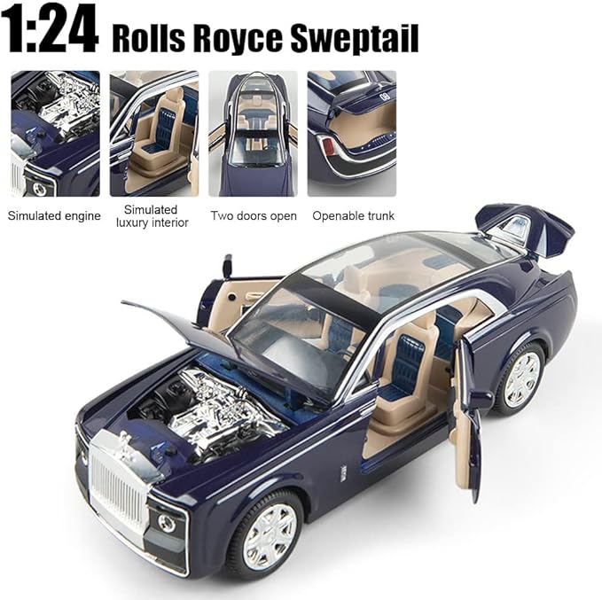 1/24 Rolls-Royce Sweptail Toy Car Alloy Diecast Collectible Model Car for Kids Gift, Pull Back Toy Car with Sound and Light, Classic Double Door, Car Logo Can be Folded