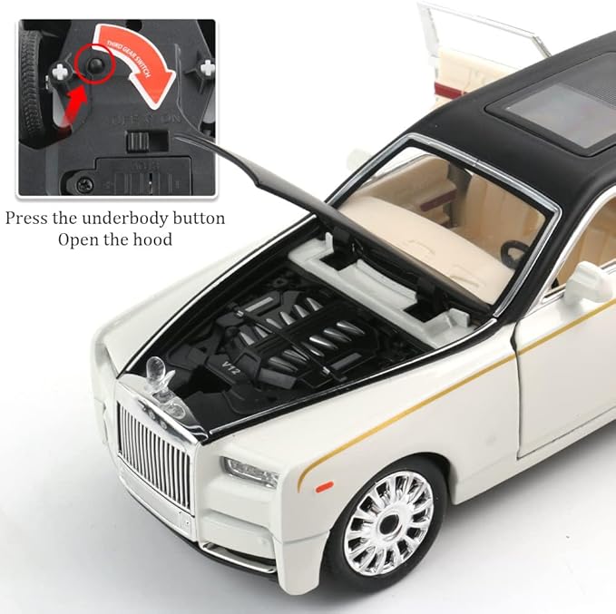 EROCK 1/24 Diecast Car Model Rolls-Royce Phantom Toy Car, Alloy Collectible Phantom Replica Pull Back Model Car Vehicles with Sound and Light for Kids Boys Girls Birthday Gift