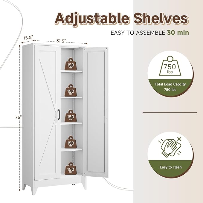 Letaya Storage Cabinet,75" H Metal Kitchen Pantry Cabinets with Doors and Adjustable Shelves,Pantry Organizers for for Cupboard/Office/Garage Room,White