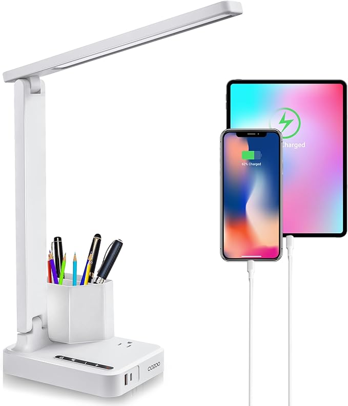 COZOO LED Desk Lamp with 2 USB Charging Ports,Type C Port,1 AC Outlet,2 Pen Holders,3 Color Temperature 3 Brightness Level,Touch/Memory/Timer,10W Eye Protection Foldable Reading Light,Study Lamp-White