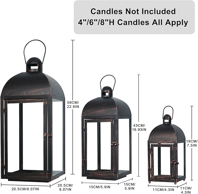 NEEDOMO Lanterns Decorative Outdoor & Indoor, Set of 3 Outdoor Lanterns for Porch, 23" Large Candle Lantern, Bronze Metal Frame with Glass, Vintage Farmhouse, Patio, Pathway, Garden, Fall, Christmas