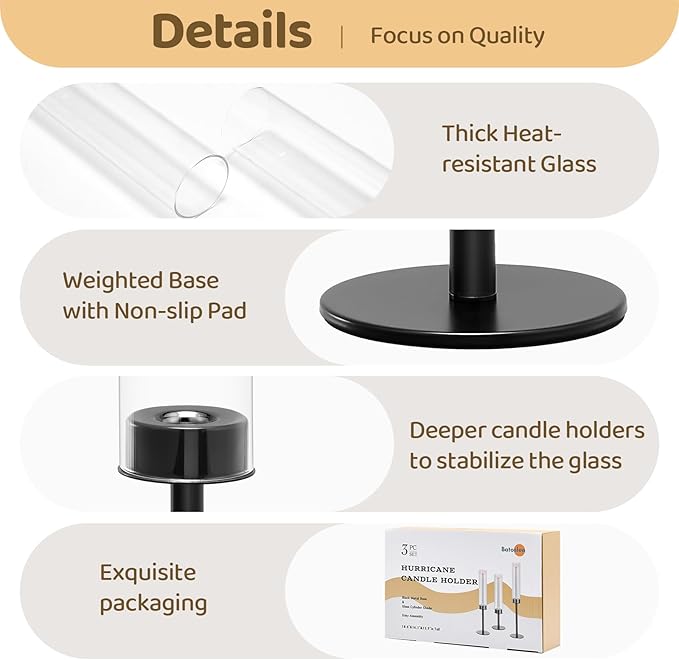 Black Hurricane Candle Holders Set of 3, Tall Metal & Windproof Glass Taper Candle Holders, Outdoor/Indoor Table Centerpieces for Weddings, Christmas, Parties, Fireplace Decor