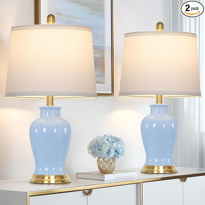 Blue Ceramic Table Lamps Set of 2, 23" Coastal Ceramic Lamps with Ginger Jar Design, Modern Bedside Lamp for Living Room End Table, Elegant Bedroom Lamp for Nightstand Desk Side Home Decor