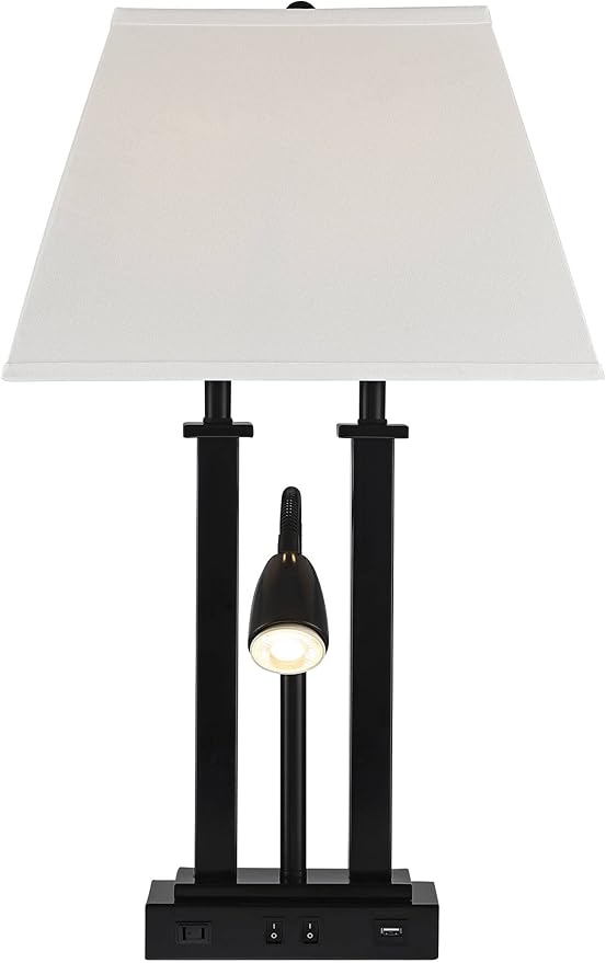 Possini Euro Design Deacon 26" High Industrial Modern Desk Lamps Set of 2 USB Port AC Power Outlet Gooseneck Black Metal Oatmeal Shade Home Office Living Room Charging Bedroom Bedside Nightstand