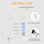 LED Desk Lamp with Clamp, Eye-Caring Clip on Lights for Home Office, 3 Modes 10 Brightness, Long Flexible Gooseneck, Metal, Swing Arm Architect Task Table Lamps with USB Adapter, White