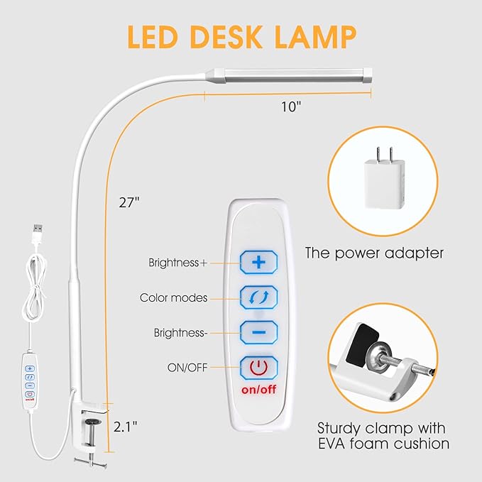 LED Desk Lamp with Clamp, Eye-Caring Clip on Lights for Home Office, 3 Modes 10 Brightness, Long Flexible Gooseneck, Metal, Swing Arm Architect Task Table Lamps with USB Adapter, White