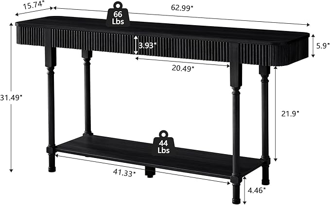 63”Console Table with 2 Drawers, Retro Entryway Table with Fluted Panel & Storage Shelf, Narrow Long Behind Couch Tables Accent Sofa Table with Solid Wood Legs for Living Room Foyer Hallway(Black)