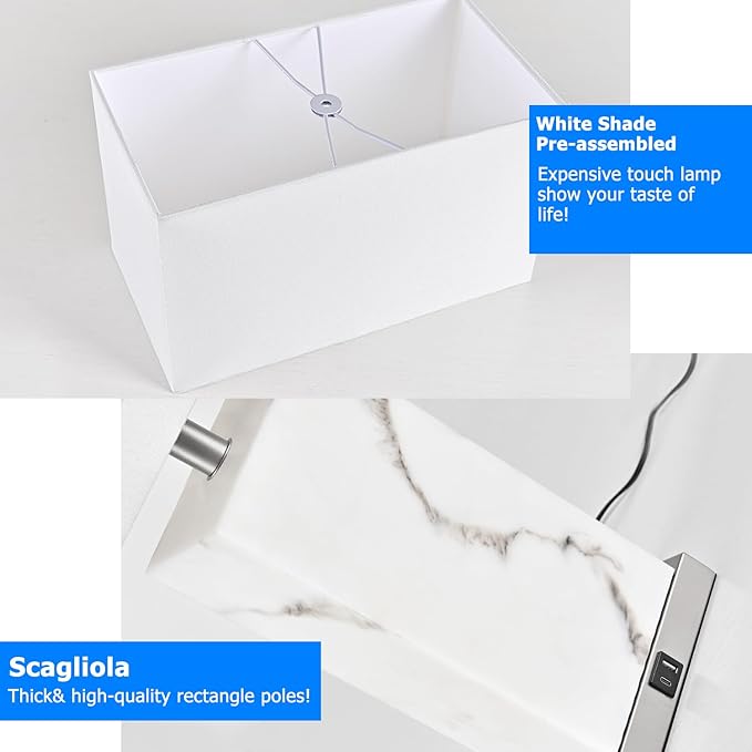 24" Silver Touch Table Lamp Set of 2 with USB Ports, 3-Way Dimmable Bedside Nightstand Lamps for Bedroom Living Room End Tables, Night Stand Light Side Lamp Faux Silk Shade, Bulbs Included