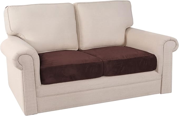 PrinceDeco Brown Furniture Cover, 2 Pcs Velvet Stretch Sofa Cushion Covers for Individual Cushions, Pet Friendly, Stay in Place, Machine Washable