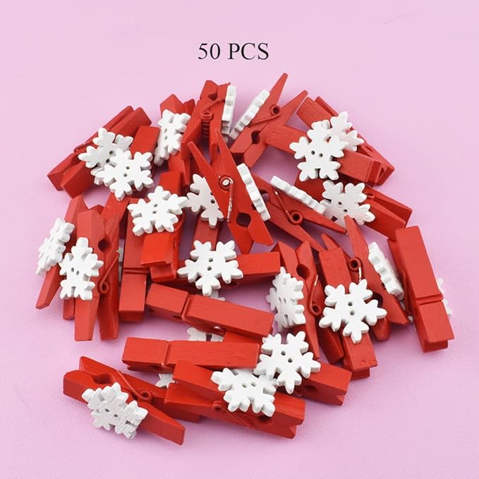 HAHIYO Mini Wooden Snowflake Clothespin Clip Christmas Photo Paper Holders 1.38inch Tight Clamp Not Fray Rope Post Notices Handy Read for Hanging Postcard Wedding Red 50PCS