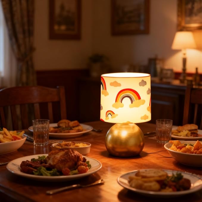 Set of 2 Gold Small Bedside Table Lamps with Rainbow Cloud Pattern Shades (Bulb Included)