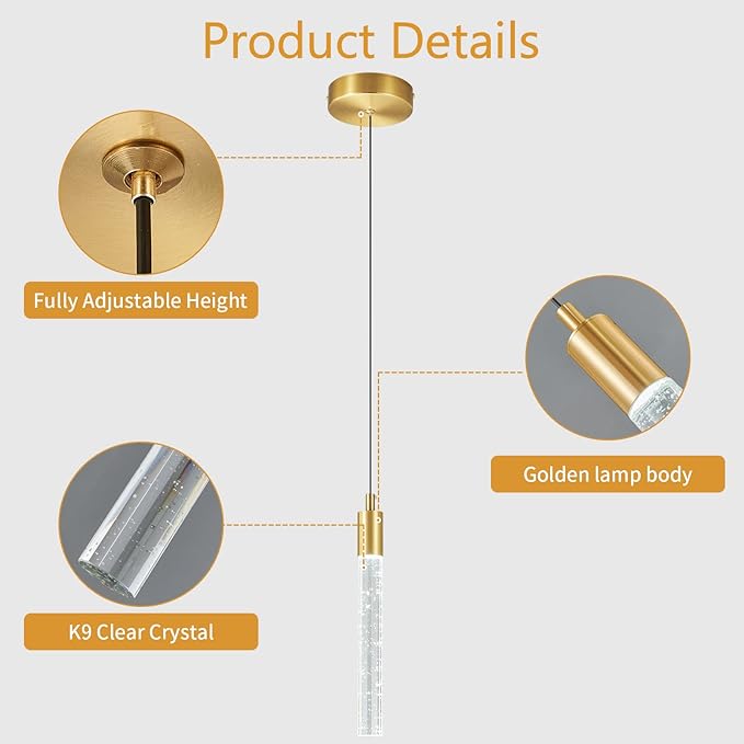 Modern Kitchen Island Pendant Light Dimmable LED Gold Brass Finish Mini Pendant Lighting Bedroom Bedside Table Small Pendant Lights（1-Pack）