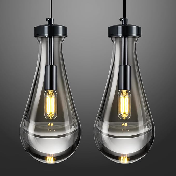 Raindrop Pendant Lights Kitchen Island Teardrop PlatingBlack Hanging Light Fixtures Clear Solid Glass Pendant Light Modern Chandeliers for Dining Room Porch Corridor Living Room(Black 2-Pack)