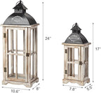 Set of 2 Large Decorative Wooden Metal Lanterns, Farmhouse Rustic Floor Candle Lanterns, Indoor/Outdoor Hanging Lanterns for Home Decor (No Glass)