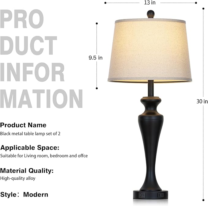 30" Black Table Lamps Set of 2, Touch Control Tall Living Room Lamp with USB A+C Ports and AC Outlet, 3-Way Dimmable Bedside Lamps for Nightstand, Modern Metal Bedroom Lamp, 2 Bulbs Included