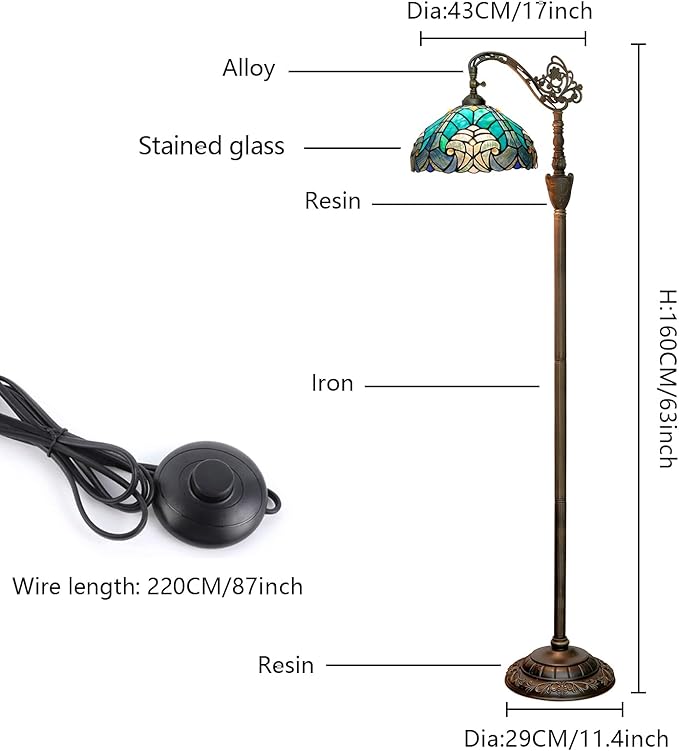 Tiffany Floor Lamp Vintage Standing Lamp Green Stained Glass Floor Light Rustic Corner Gooseneck Floor Lamp with Adjustable Angle for Home Decor Living Room Bedroom 12X12X63 Inches
