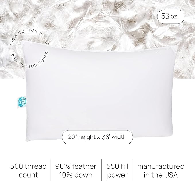 East Coast Bedding Pure Dream Firm Pillow - King Pillow Medium Support, King Size 20x36 Inch Goose Feather Down Pillows, 100% Cotton Shell, Pack of 1