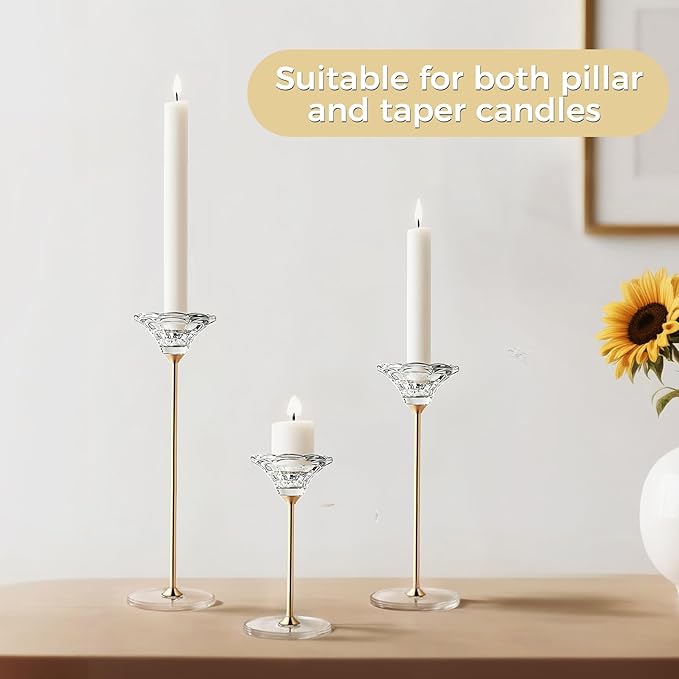 Candlestick Holders, Crystal 2 in 1 Taper and Pillar Candle Holders, Set of 3 Clear Glass Candle Holder, Decorative Candle Holder Candelabra for Home Decor, Wedding, Party, Anniversary