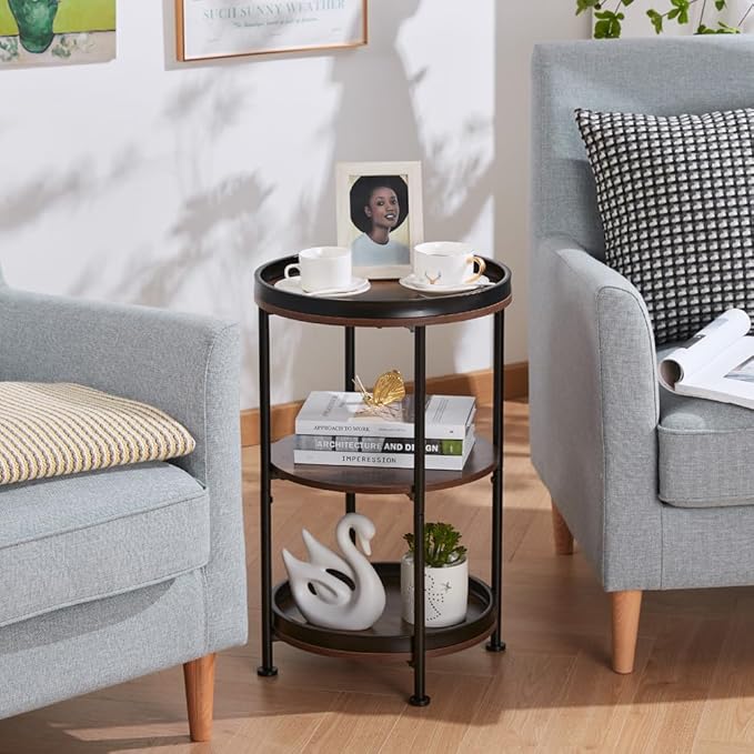 Dulcii Side Table, Round End Table with 3 Storage Shelves for Living Room, Bedroom, Nightstand with Steel Frame for Small Spaces, Industrial Round Sofa Table, Outdoor Accent Coffee Table, Rustic Brown