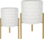 ARNIS Modern Planter Pots, Set of 2 Large Planters with Stand, Decorative Planters, Metal Pots with Drainage Holes for Living Room, Office, Garden or Balcony, 10.5 &12.25 Inch, Matte White