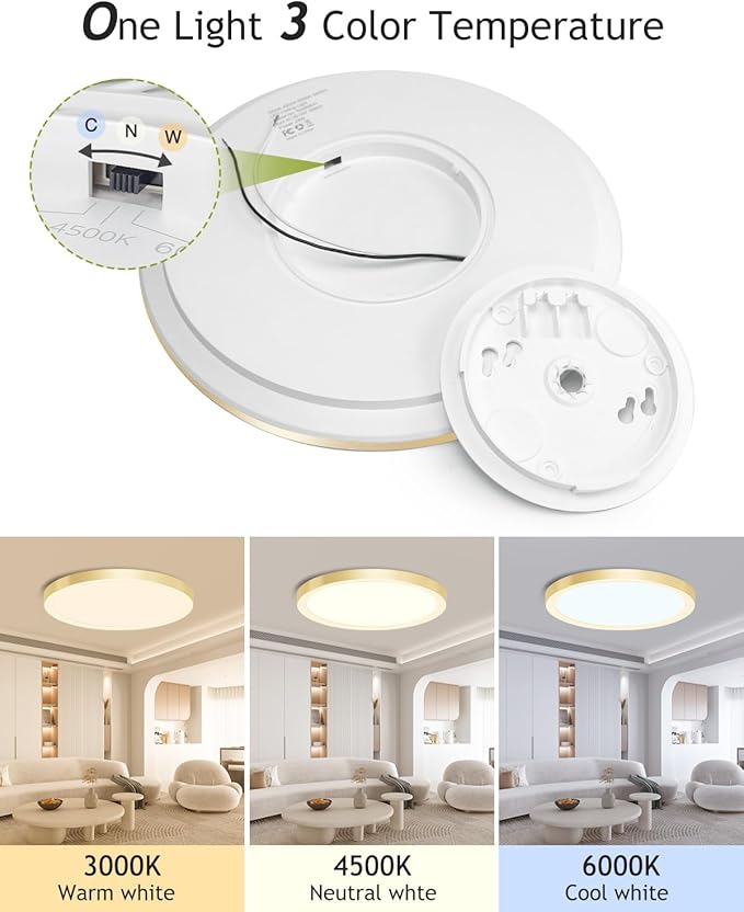 hepside 2PACK Flush Mount LED Ceiling Light Fixture Golden, 12Inch 28W, Dimmable 3000K-4500K-6000K 3 Color Selectable Ceiling Lamp 3200LM Low Profile Ceiling Light for Kitchen Bedroom Hallway